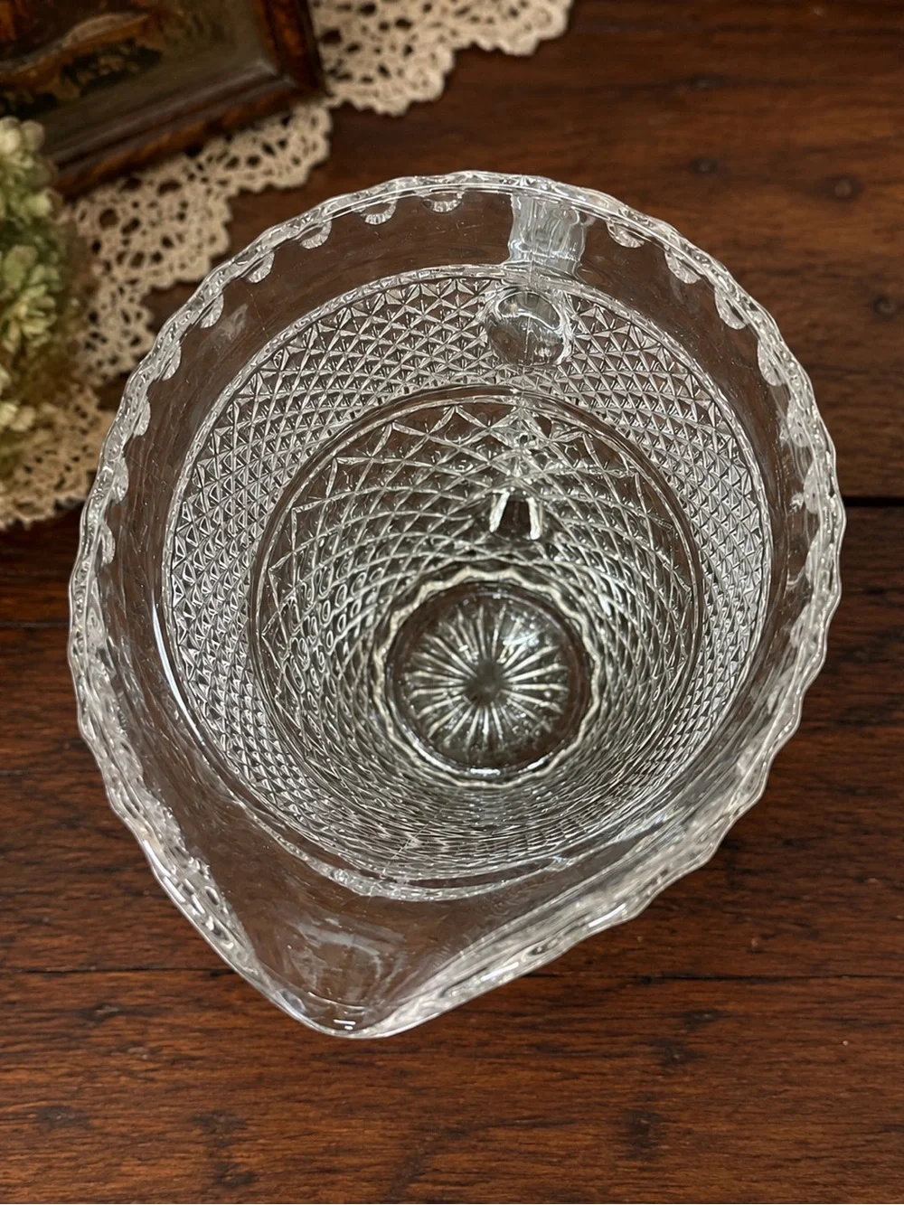 Vintage Clear Pressed Glass Diamond Point Water Pitcher Starburst Base 9”